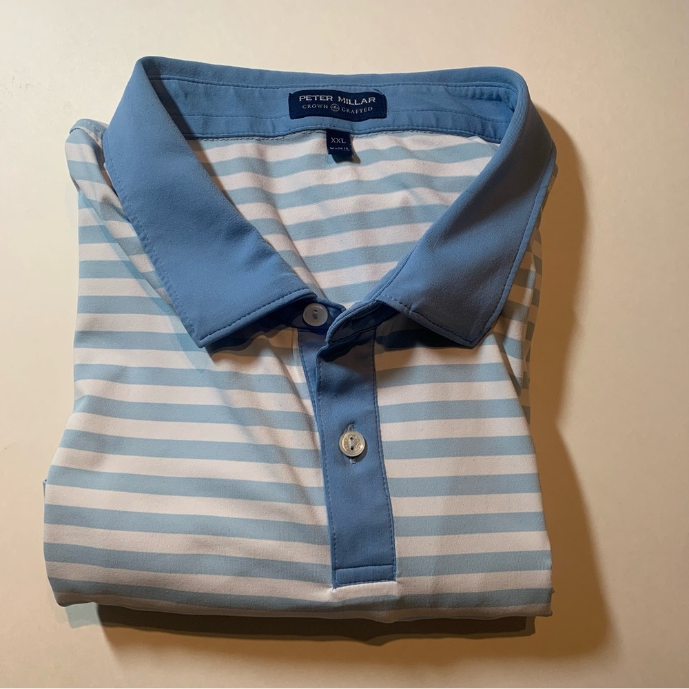 Peter Millar Crown Crafted Mens Golf Polo Shirt XXL Blue White Striped Stripes